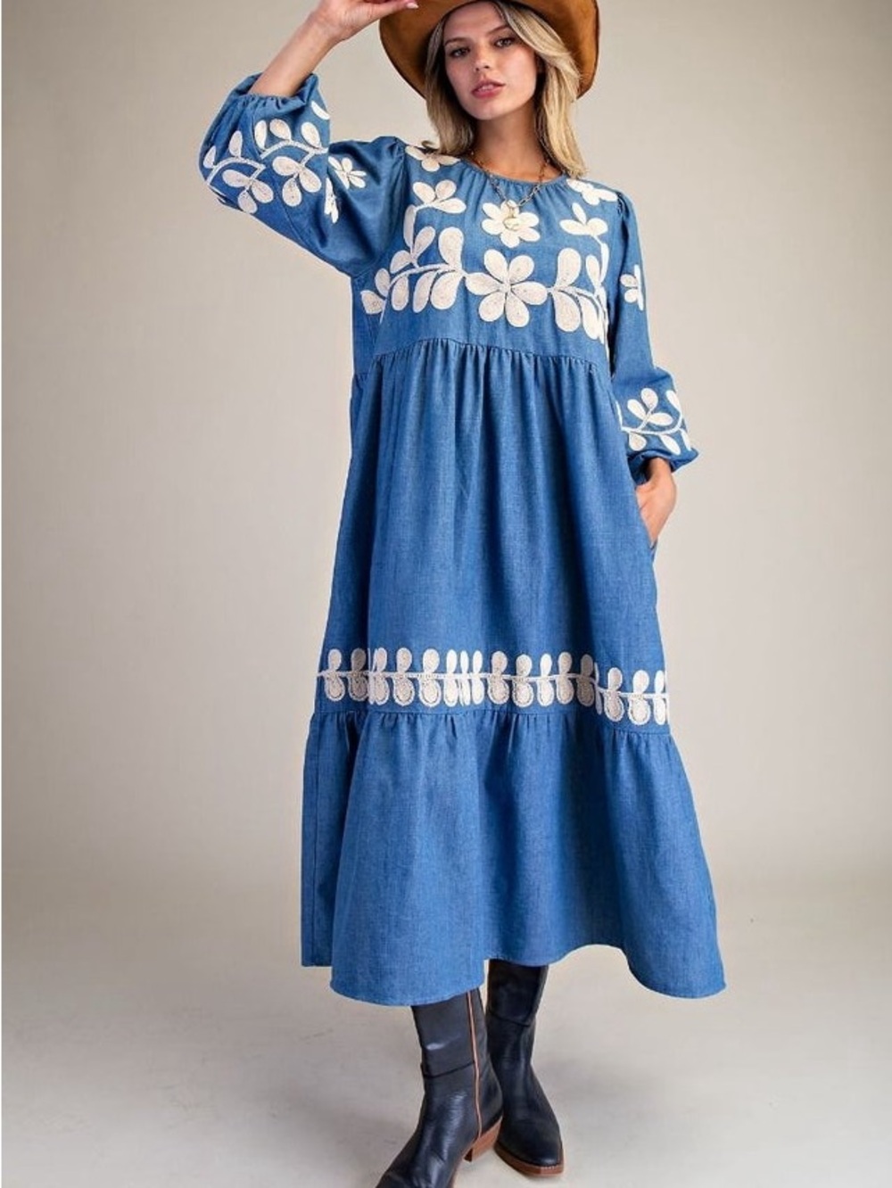 EUC ANTHROPOLOGIE Inspired Embroidered Puff-Sleeve Midi Dress